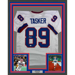 Framed Autographed/Signed Steve Tasker 35x39 Buffalo White Football Jersey JSA COA