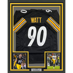 Framed Autographed/Signed T.J. Watt 35x39 Pittsburgh Black Football Jersey Beckett BAS COA