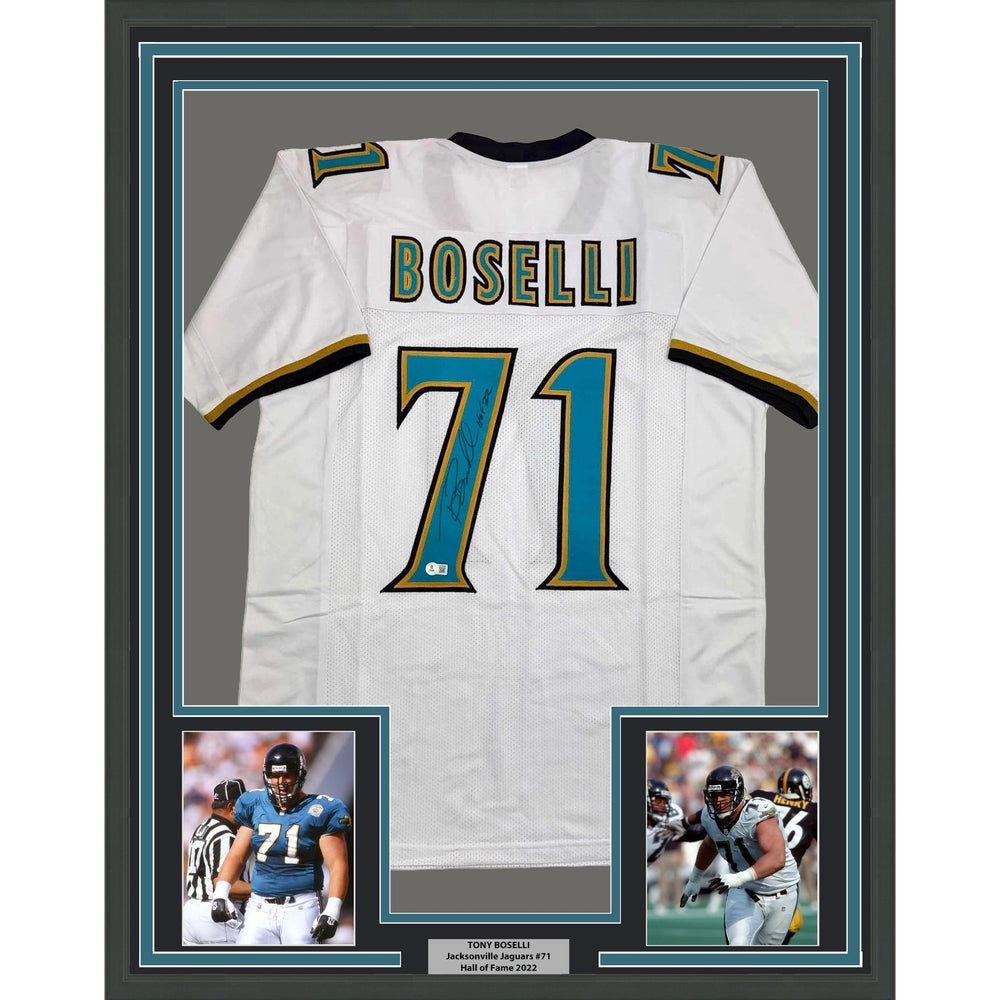 Framed Autographed/Signed Tony Boselli 35x39 HOF 22 Jacksonville White Football Jersey Beckett BAS COA