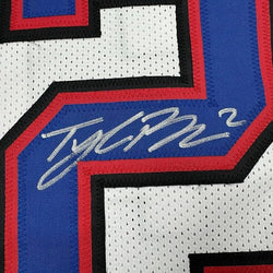 Framed Autographed/Signed Tyler Bass 35x39 Buffalo White Football Jersey JSA COA
