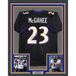 Framed Autographed/Signed Willis McGahee 35x39 Baltimore Black Football Jersey Beckett BAS COA