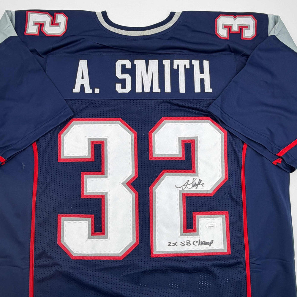 Autographed/Signed Antowain Smith 2x SB Champ New England Blue Football Jersey JSA COA