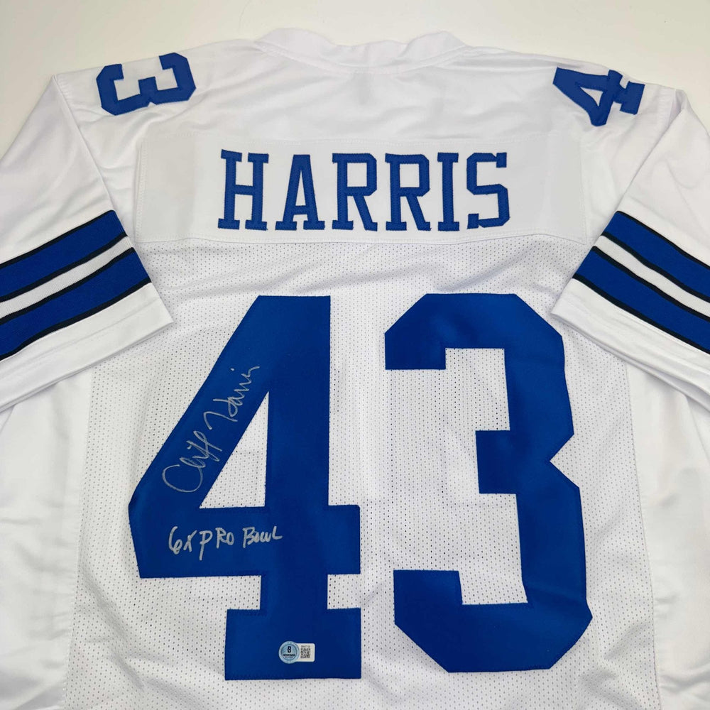 Autographed/Signed Cliff Harris Dallas White Football Jersey Beckett BAS COA