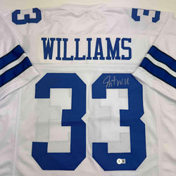 Autographed/Signed Javonte Williams Dallas White Football Jersey Beckett BAS COA