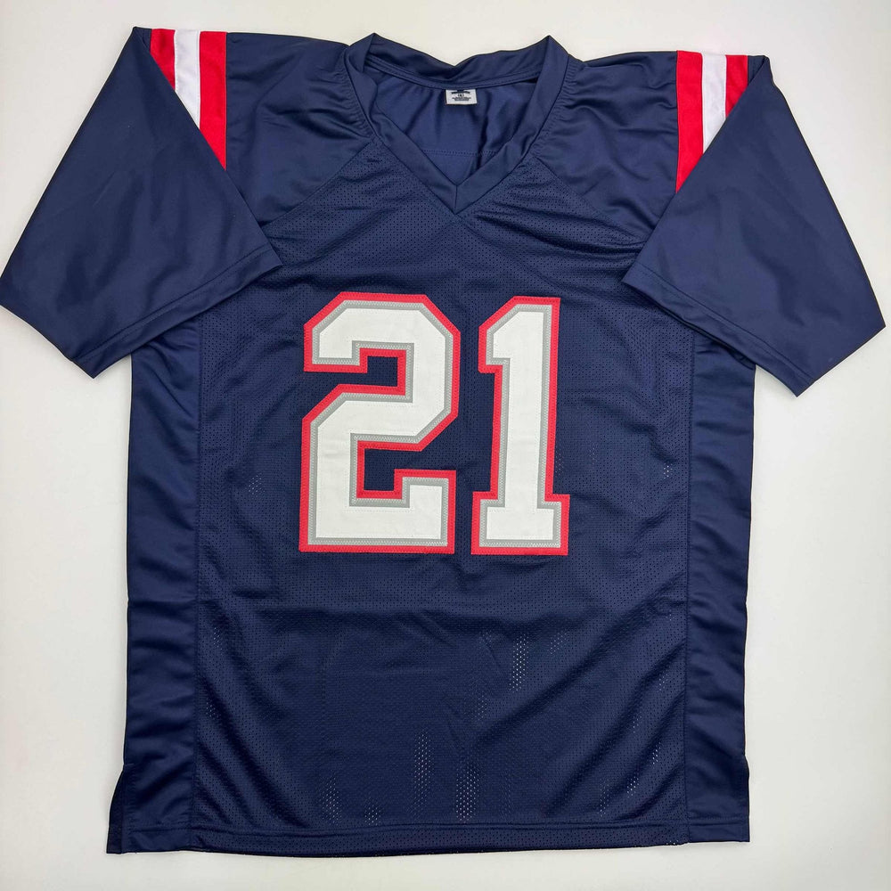 Autographed/Signed Jaylinn Hawkins New England Blue Football Jersey Beckett BAS COA
