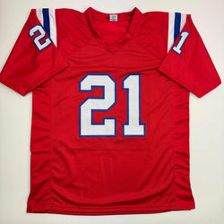 Autographed/Signed Jaylinn Hawkins New England Red Football Jersey Beckett BAS COA