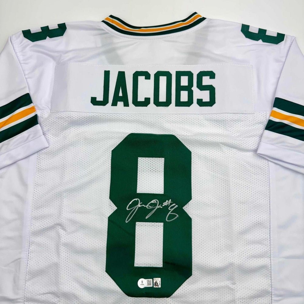 Autographed/Signed Josh Jacobs Green Bay White Football Jersey Beckett BAS COA
