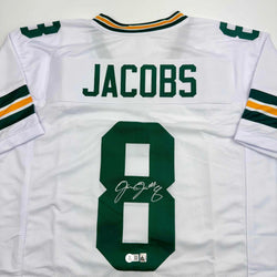 Autographed/Signed Josh Jacobs Green Bay White Football Jersey Beckett BAS COA