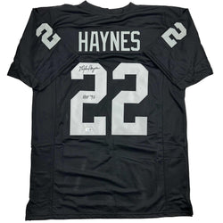 Autographed/Signed Michael Mike Haynes HOF 97 Oakland Black Football Jersey Beckett BAS COA