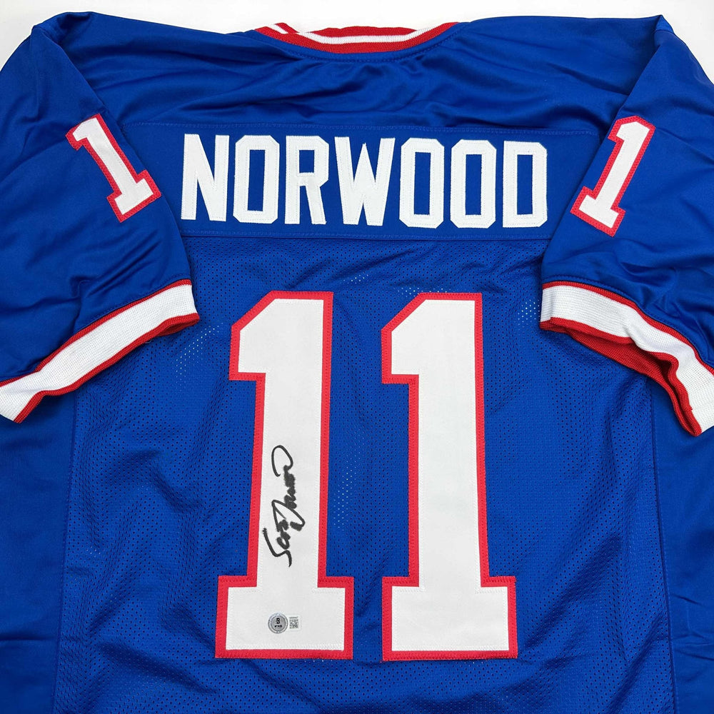 Autographed/Signed Scott Norwood Buffalo Blue Football Jersey Beckett BAS COA