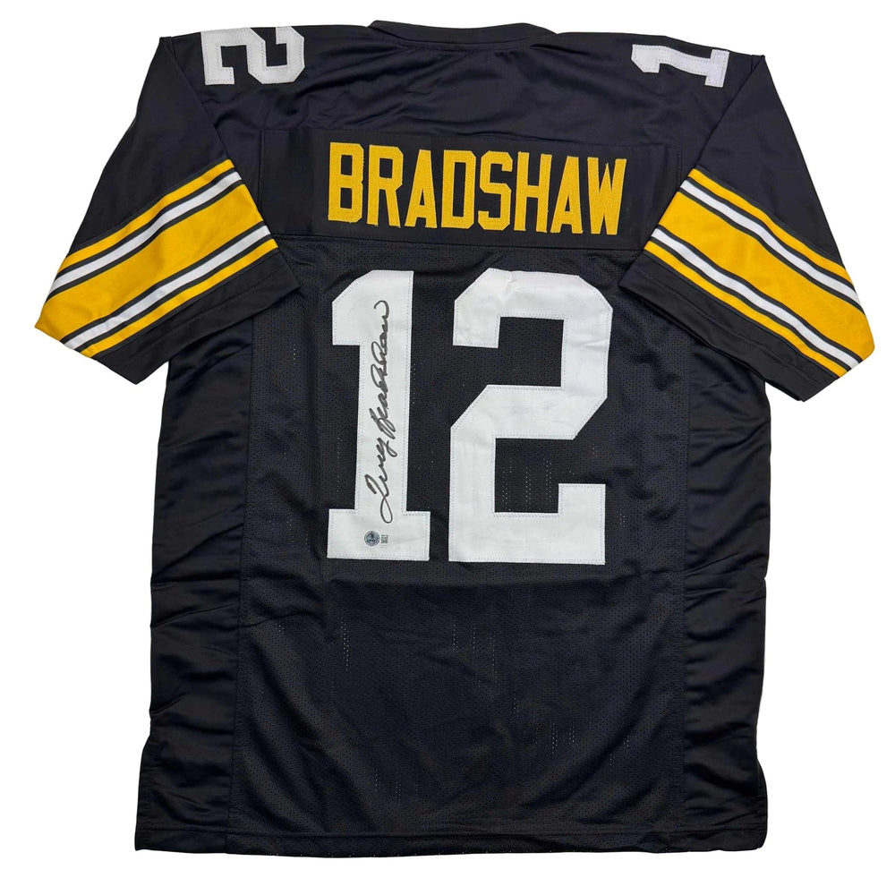 Autographed/Signed Terry Bradshaw Pittsburgh Black Football Jersey Beckett BAS COA