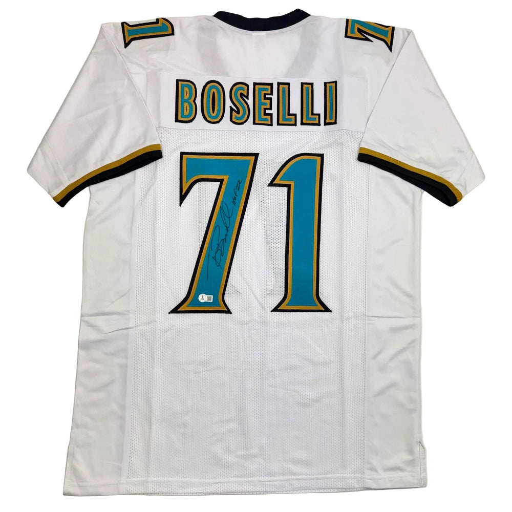 Autographed/Signed Tony Boselli HOF 22 Jacksonville White Football Jersey Beckett BAS COA