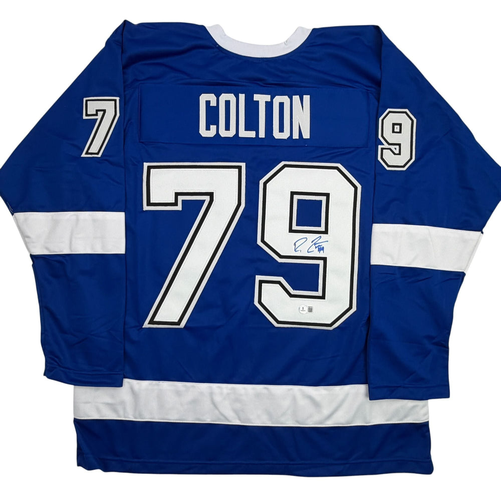 Autographed/Signed Ross Colton Tampa Bay Blue Hockey Jersey Beckett BAS COA (ONLINE ORDER ONLY)