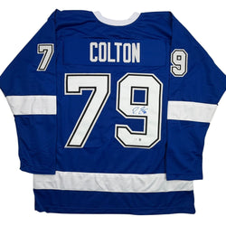 Autographed/Signed Ross Colton Tampa Bay Blue Hockey Jersey Beckett BAS COA (ONLINE ORDER ONLY)