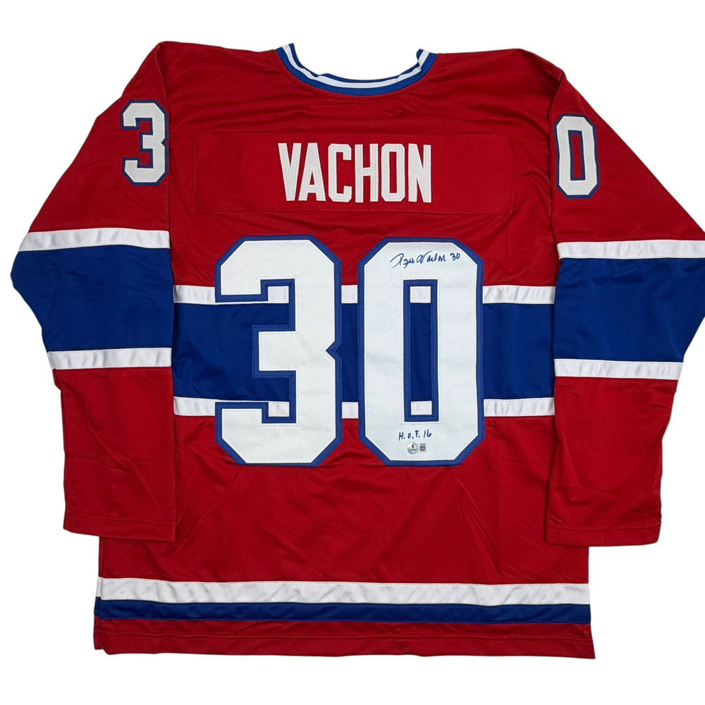 Autographed/Signed Rogie Vachon Montreal Red Hockey Jersey Beckett BAS COA (ONLINE ORDER ONLY)