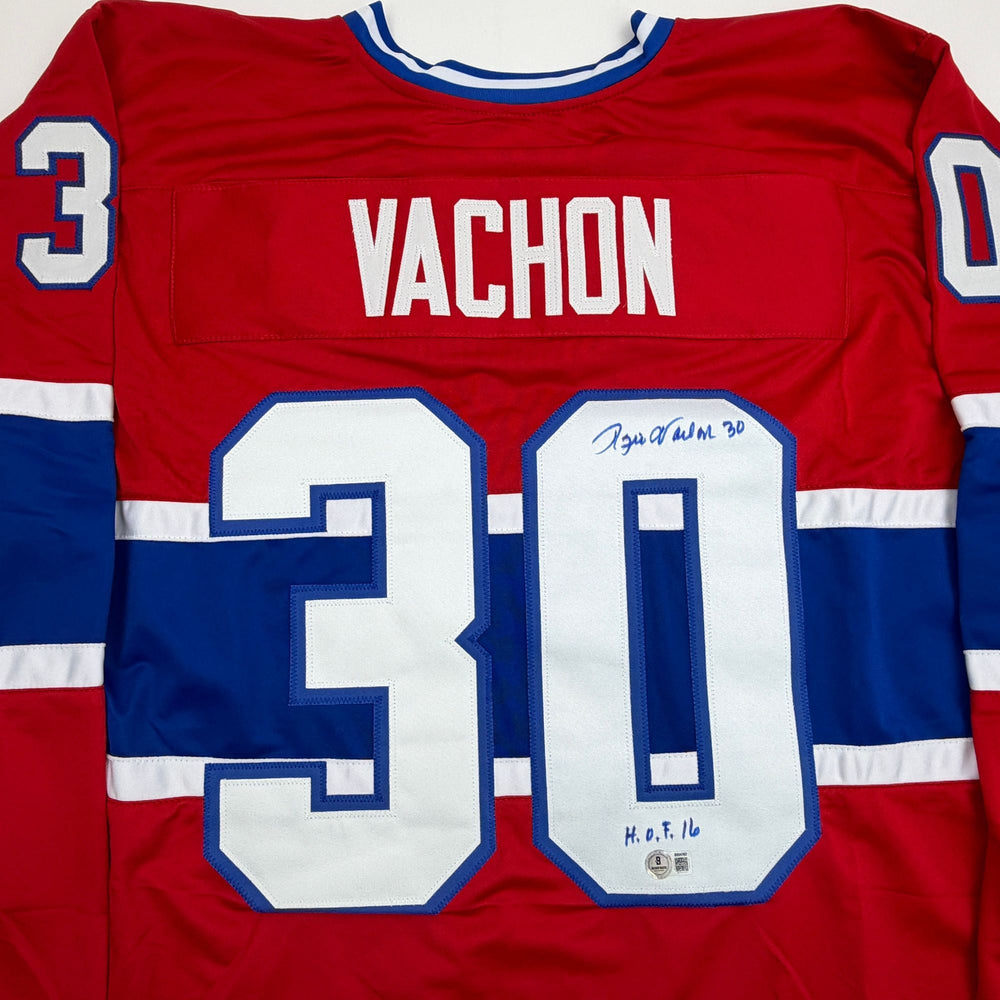 Autographed/Signed Rogie Vachon Montreal Red Hockey Jersey Beckett BAS COA (ONLINE ORDER ONLY)