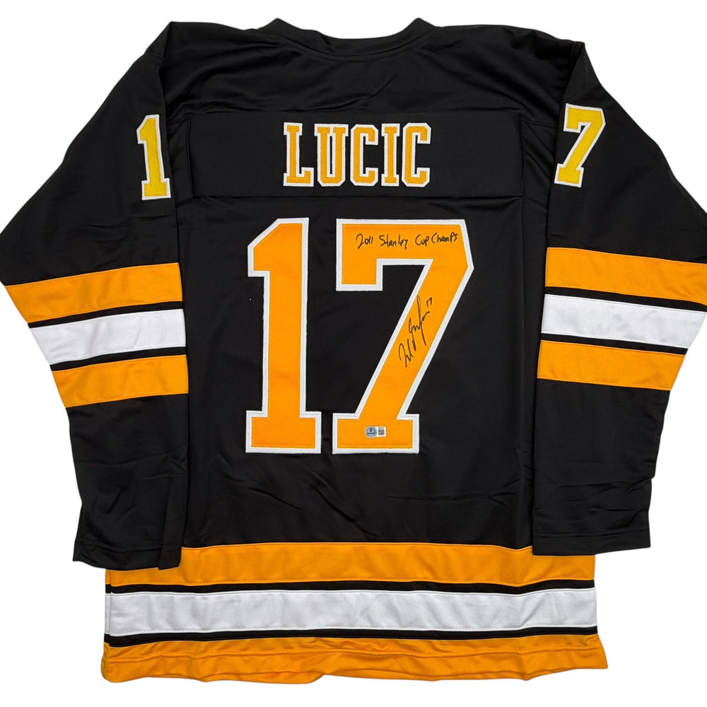Autographed/Signed Milan Lucic Boston Black Hockey Jersey Beckett BAS COA (ONLINE ORDER ONLY)