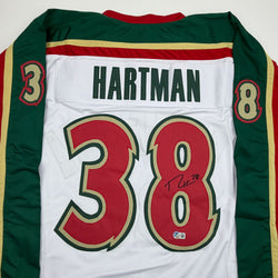 Autographed/Signed Ryan Hartman Minnesota White 25th Anniversary Hockey Jersey Beckett BAS COA (ONLINE ORDER ONLY)
