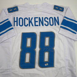Autographed/Signed TJ Hockenson Detroit White Football Jersey Beckett BAS COA (ONLINE ORDER ONLY)