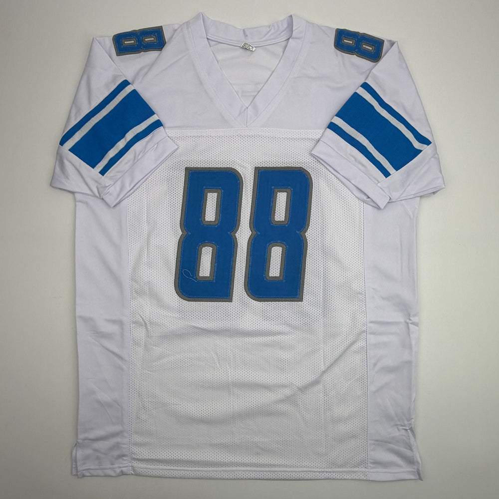 Autographed/Signed TJ Hockenson Detroit White Football Jersey Beckett BAS COA (ONLINE ORDER ONLY)