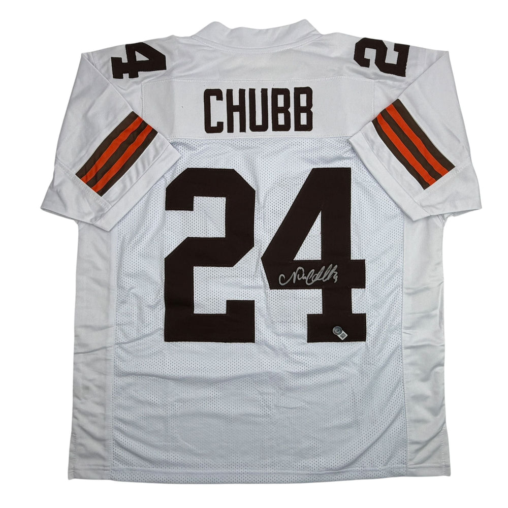 Autographed/Signed Nick Chubb Cleveland White Football Jersey Beckett BAS COA (ONLINE ORDER ONLY)