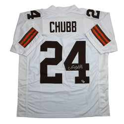Autographed/Signed Nick Chubb Cleveland White Football Jersey Beckett BAS COA (ONLINE ORDER ONLY)