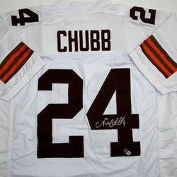 Autographed/Signed Nick Chubb Cleveland White Football Jersey Beckett BAS COA (ONLINE ORDER ONLY)