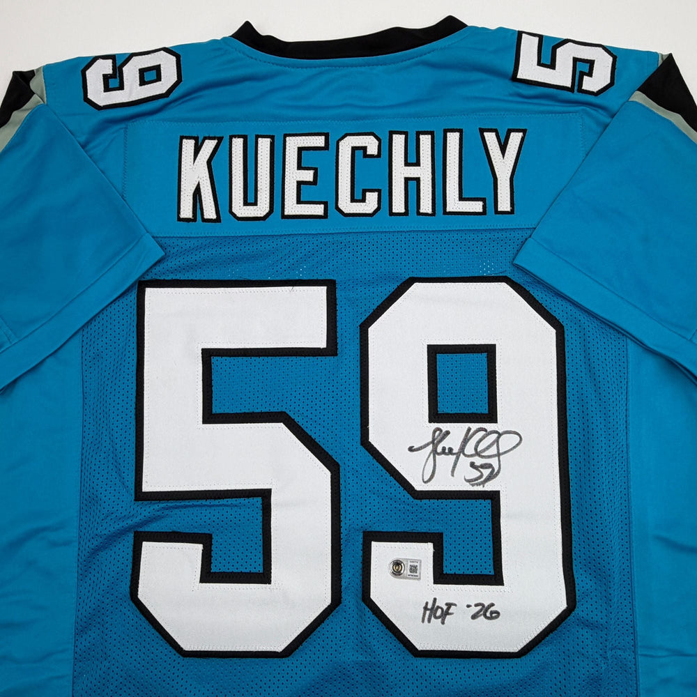 Autographed/Signed Luke Kuechly HOF 26 Carolina Blue Football Jersey Beckett BAS COA (ONLINE ORDER ONLY)