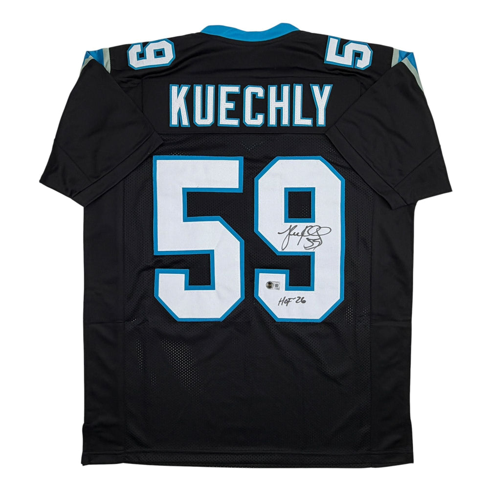 Autographed/Signed Luke Kuechly HOF 26 Carolina Black Football Jersey Beckett BAS COA (ONLINE ORDER ONLY)