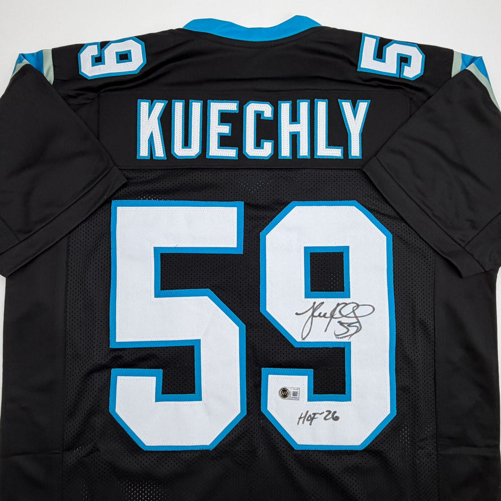 Autographed/Signed Luke Kuechly HOF 26 Carolina Black Football Jersey Beckett BAS COA (ONLINE ORDER ONLY)