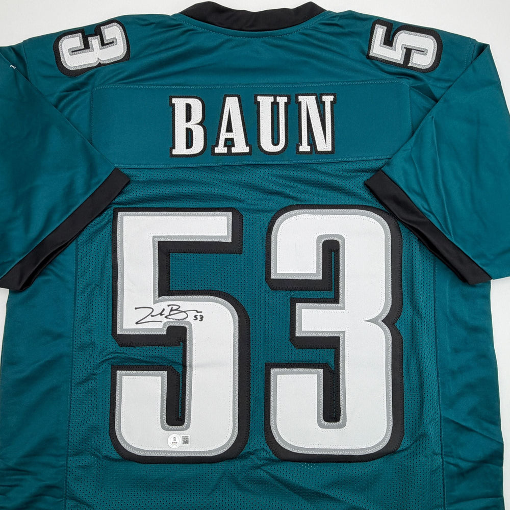 Autographed/Signed Zack Baun Philadelphia Green Football Jersey Beckett BAS COA (ONLINE ORDER ONLY)