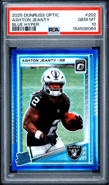 Graded 2025 Panini Donruss Optic Ashton Jeanty #202 Blue Hyper Rookie RC Football Card PSA 10 Gem Mint (ONLINE ORDER ONLY)