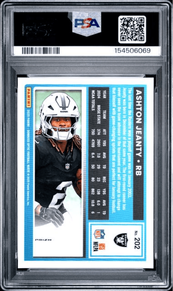 Graded 2025 Panini Donruss Optic Ashton Jeanty #202 Blue Hyper Rookie RC Football Card PSA 10 Gem Mint (ONLINE ORDER ONLY)
