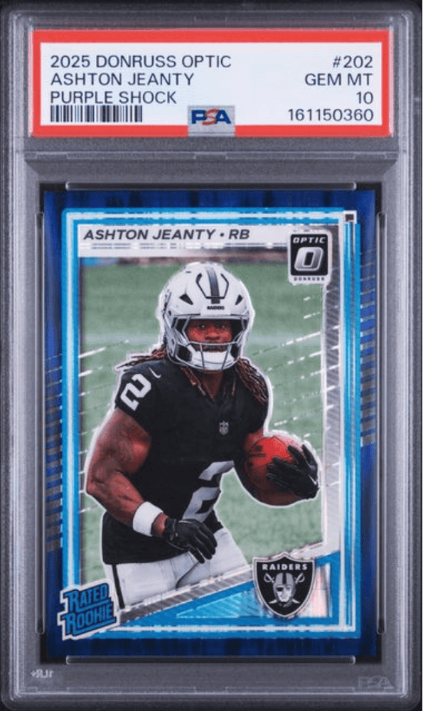 Graded 2025 Panini Donruss Optic Ashton Jeanty #202 Purple Shock Rookie RC Football Card PSA 10 Gem Mint (ONLINE ORDER ONLY)