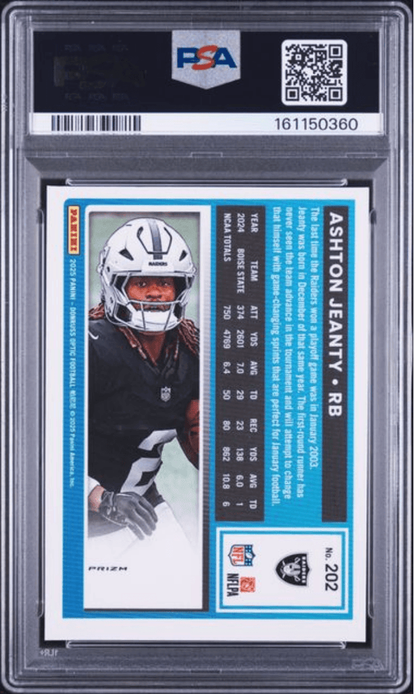Graded 2025 Panini Donruss Optic Ashton Jeanty #202 Purple Shock Rookie RC Football Card PSA 10 Gem Mint (ONLINE ORDER ONLY)
