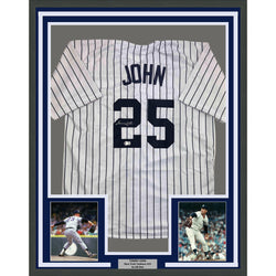 Framed Autographed/Signed Tommy John 35x39 New York Pinstripe Baseball Jersey Beckett BAS COA