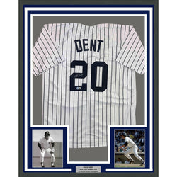 Framed Autographed/Signed Bucky Dent 35x39 New York Pinstripe Baseball Jersey Beckett BAS COA