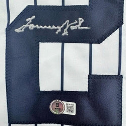 Framed Autographed/Signed Tommy John 35x39 New York Pinstripe Baseball Jersey Beckett BAS COA