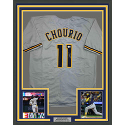 Framed Autographed/Signed Jackson Chourio 35x39 Milwaukee Grey Baseball Jersey Beckett BAS COA