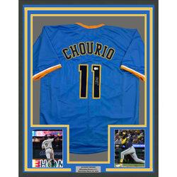 Framed Autographed/Signed Jackson Chourio 35x39 Milwaukee Blue Baseball Jersey Beckett BAS COA
