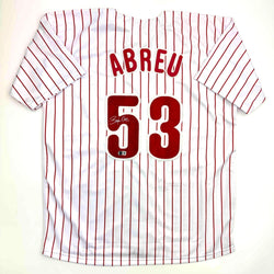 Autographed/Signed Bobby Abreu Philadelphia Pinstripe Baseball Jersey Beckett BAS COA