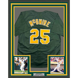 Framed Autographed/Signed Mark McGwire 35x39 Oakland Green Baseball Jersey Beckett BAS COA