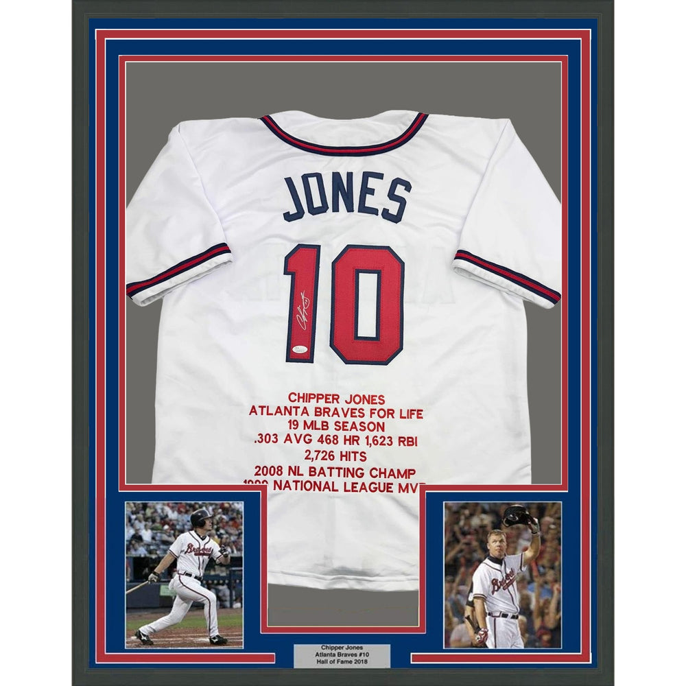 Framed Autographed/Signed Chipper Jones 35x39 Atlanta White Stat Baseball Jersey JSA COA