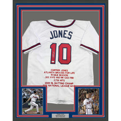 Framed Autographed/Signed Chipper Jones 35x39 Atlanta White Stat Baseball Jersey JSA COA