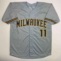Autographed/Signed Jackson Chourio Milwaukee Grey Baseball Jersey Beckett BAS COA