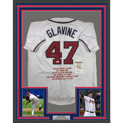 Framed Autographed/Signed Tom Glavine 35x39 Atlanta White Stat Baseball Jersey JSA COA