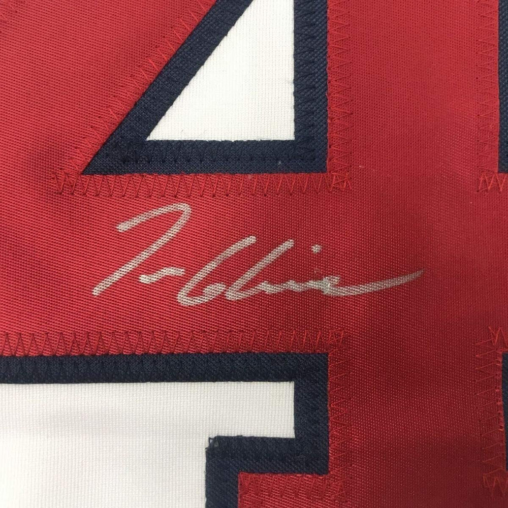 Framed Autographed/Signed Tom Glavine 35x39 Atlanta White Stat Baseball Jersey JSA COA