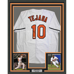 Framed Autographed/Signed Miguel Tejada 35x39 Baltimore White Baseball Jersey Beckett BAS COA