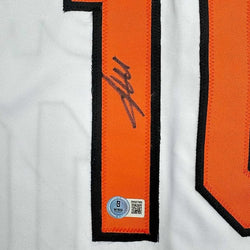 Framed Autographed/Signed Miguel Tejada 35x39 Baltimore White Baseball Jersey Beckett BAS COA