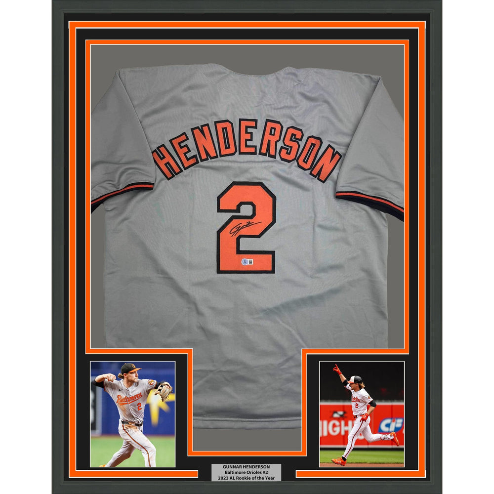 Framed Autographed/Signed Gunnar Henderson 35x39 Baltimore Grey Baseball Jersey Beckett BAS COA